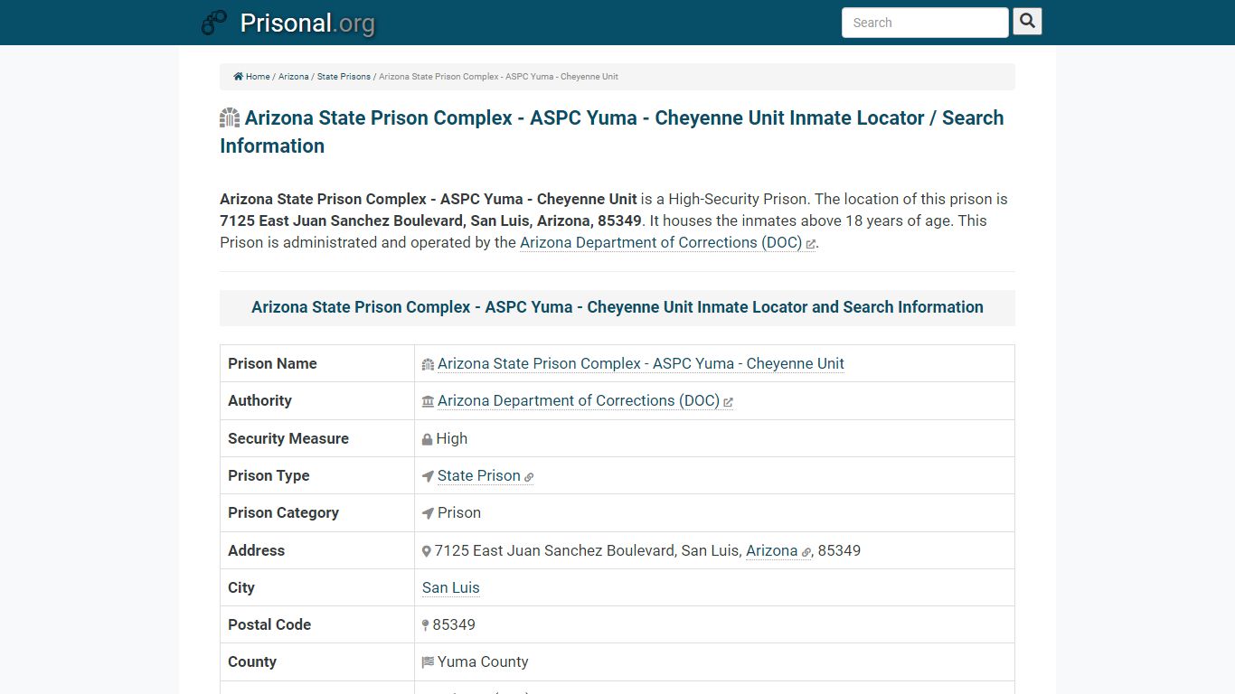 Arizona State Prison Complex - ASPC Yuma - Cheyenne Unit ...